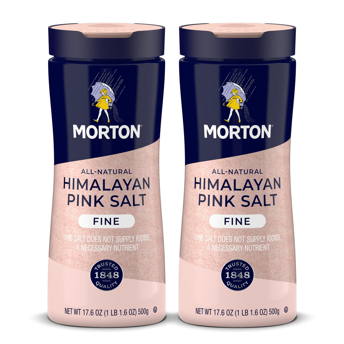 Morton pink salt front packaging showing two 17.6 oz containers and clear branding benefit: convenient two-pack