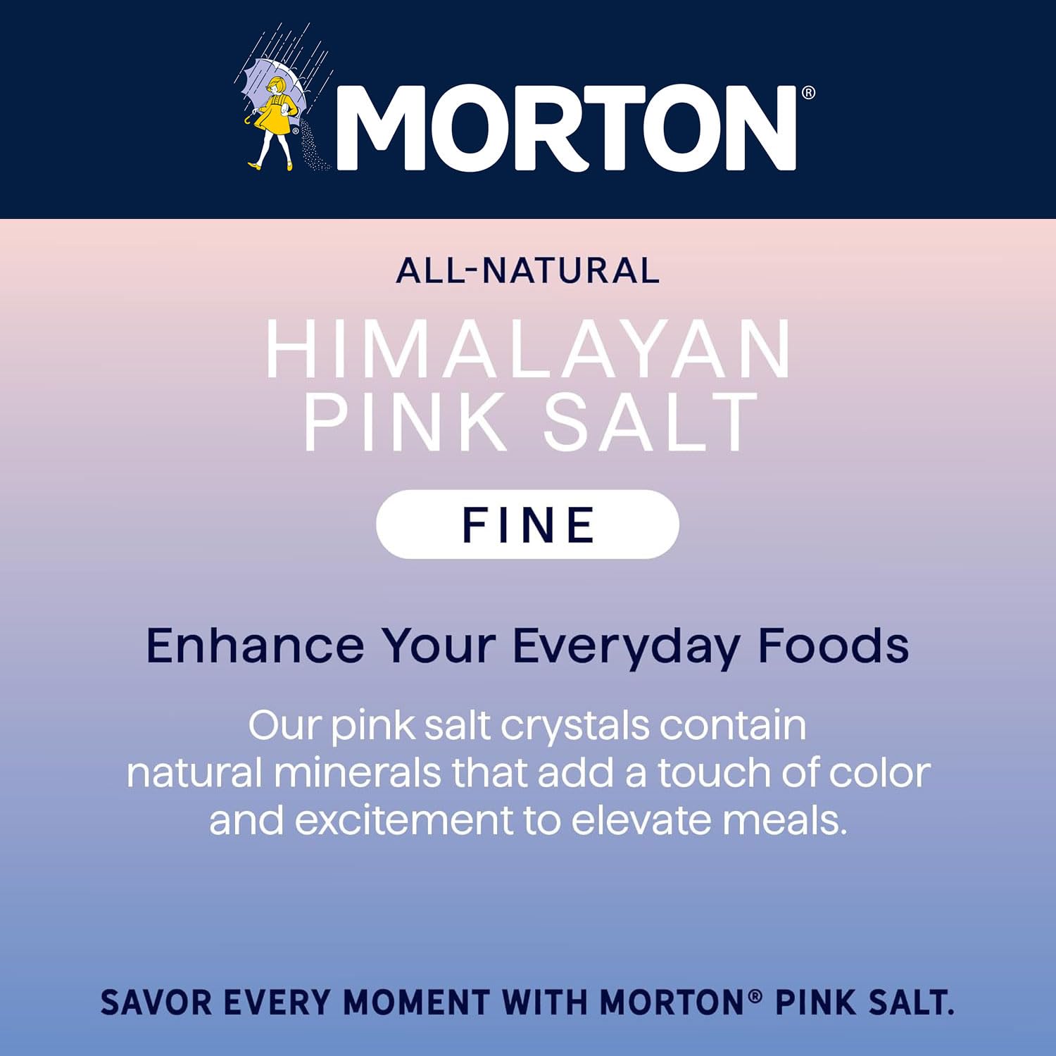 Morton pink salt next to measuring spoon showing 17.6 oz scale and portion clarity benefit