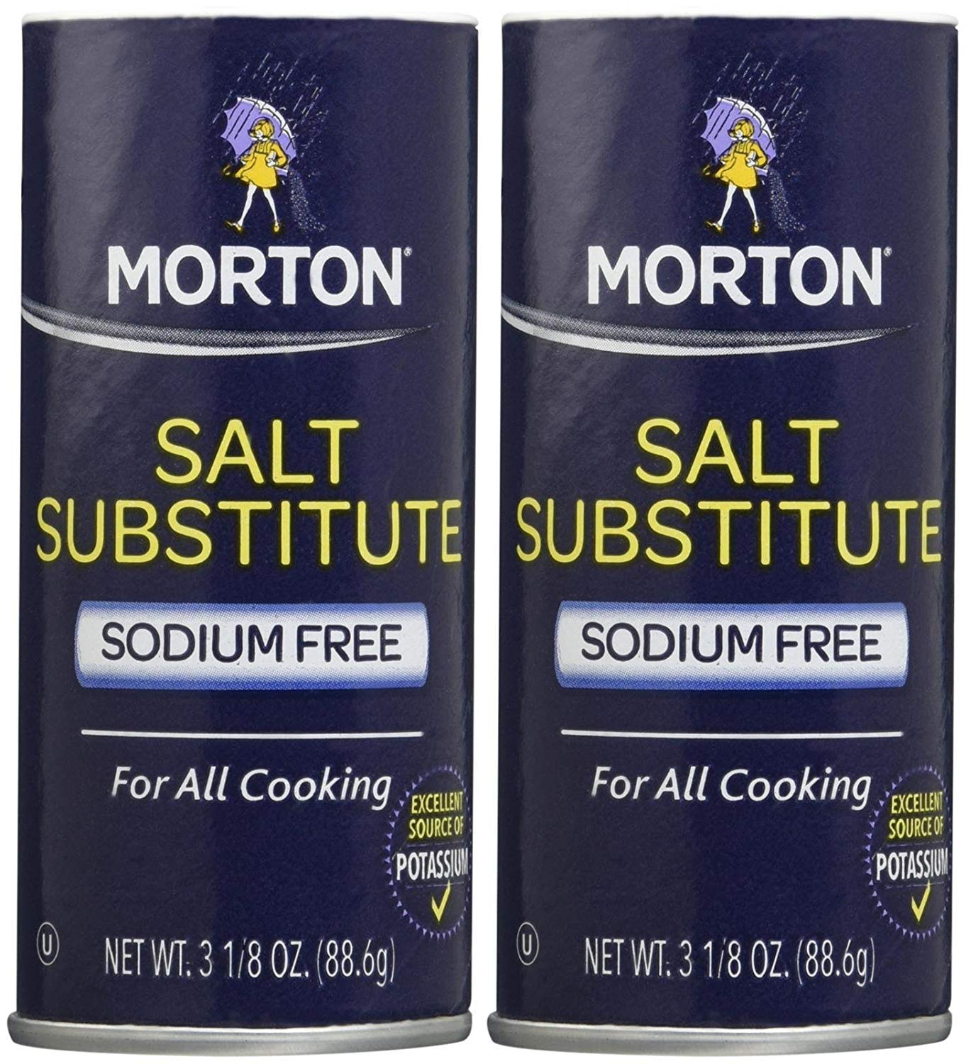 Morton Salt substitute front packaging showing shaker and easy lower-sodium seasoning
