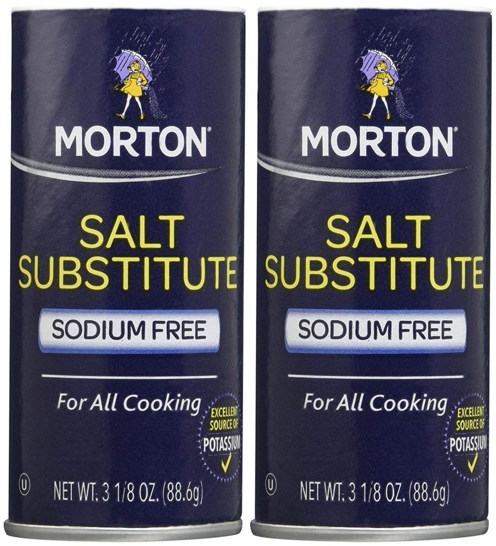 Morton Salt substitute front packaging showing shaker and easy lower-sodium seasoning