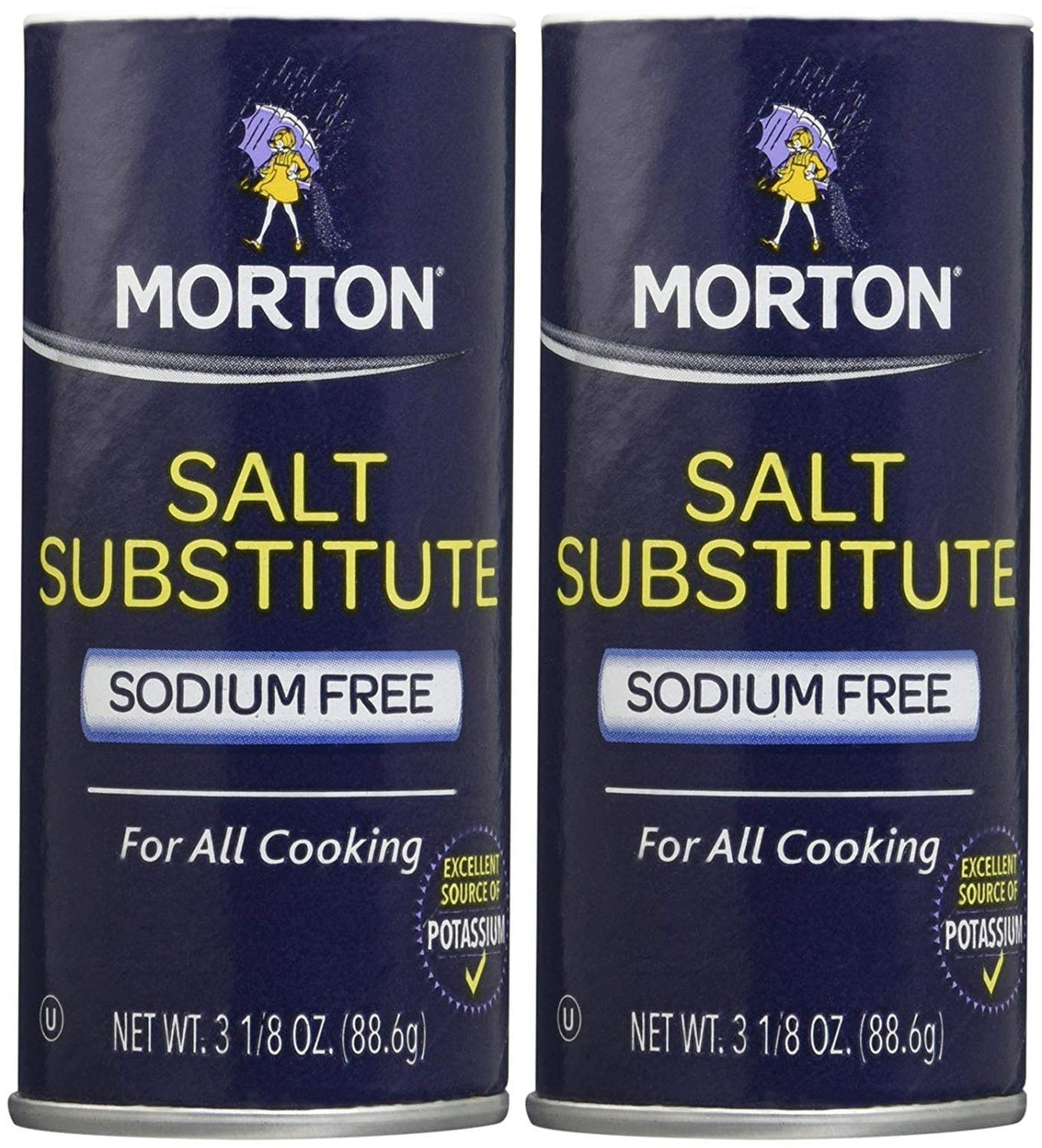 Morton Salt substitute front packaging showing shaker and easy lower-sodium seasoning