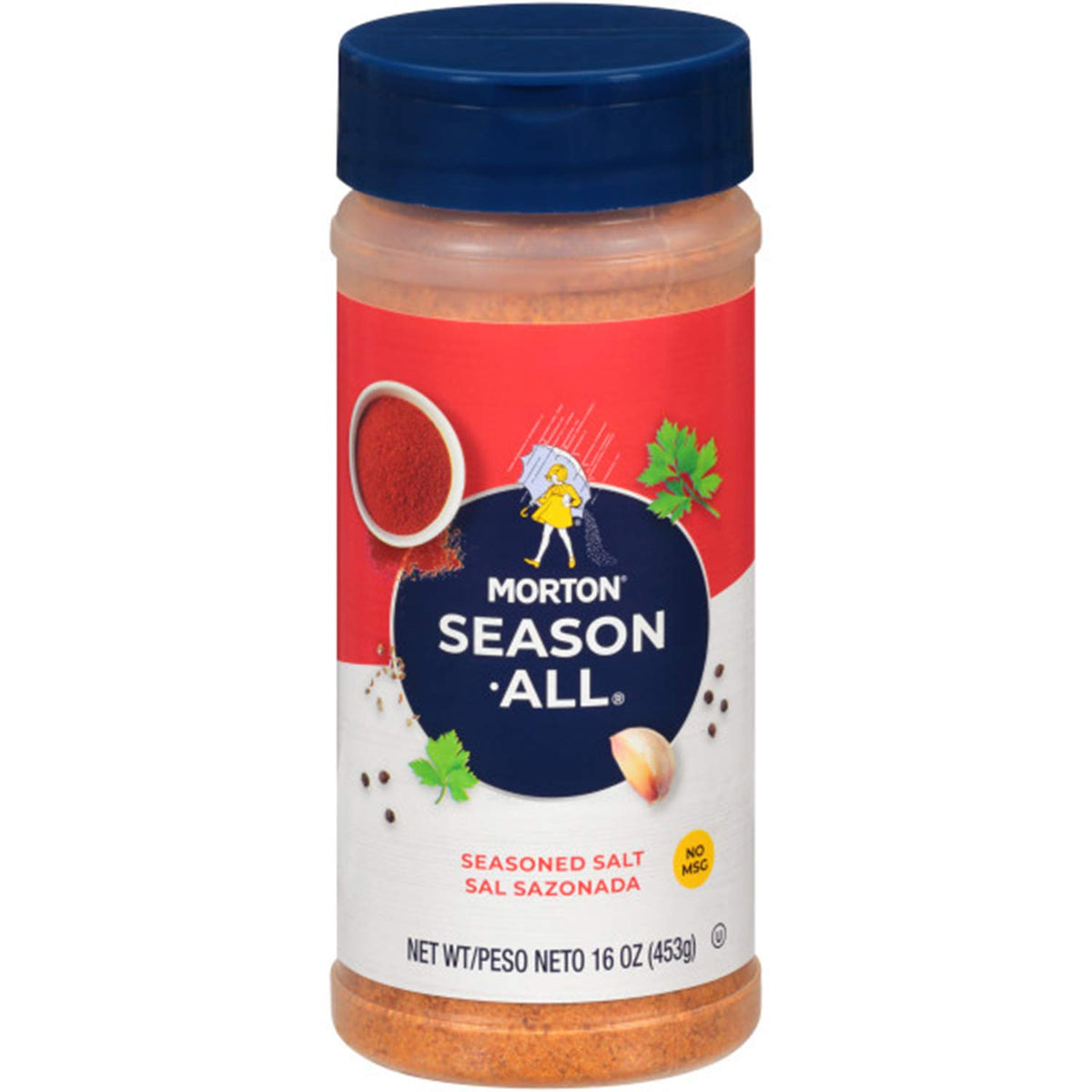 Morton front packaging showing seasoned salt jar and easy seasoning benefit