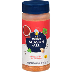 Morton front packaging showing seasoned salt jar and easy seasoning benefit
