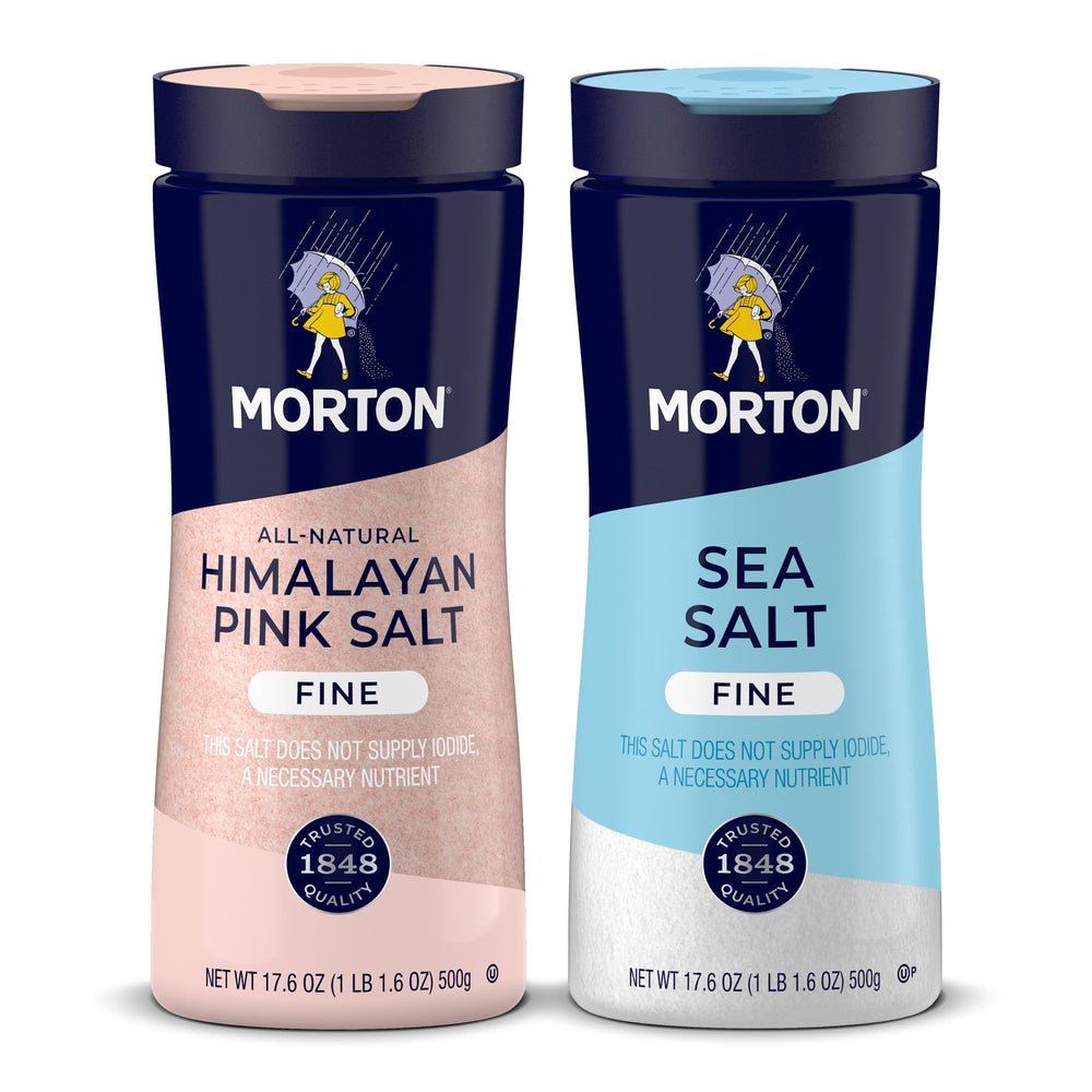 Morton front packaging showing both fine sea and Himalayan pink salt shakers for easy selection