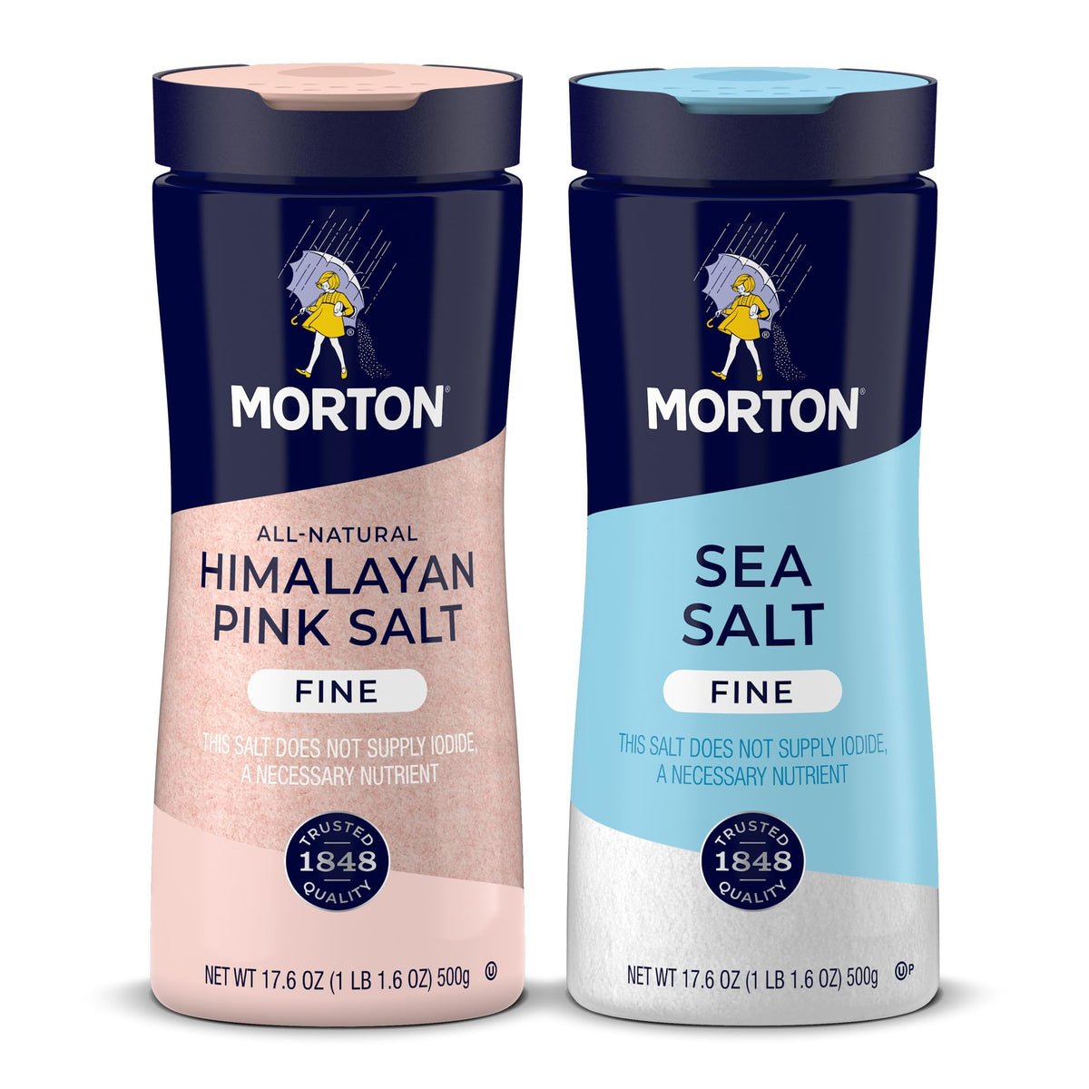 Morton front packaging showing both fine sea and Himalayan pink salt shakers for easy selection