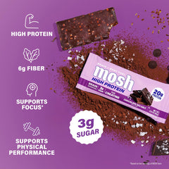 MOSH unwrapped bar on plate highlighting 20g protein convenience
