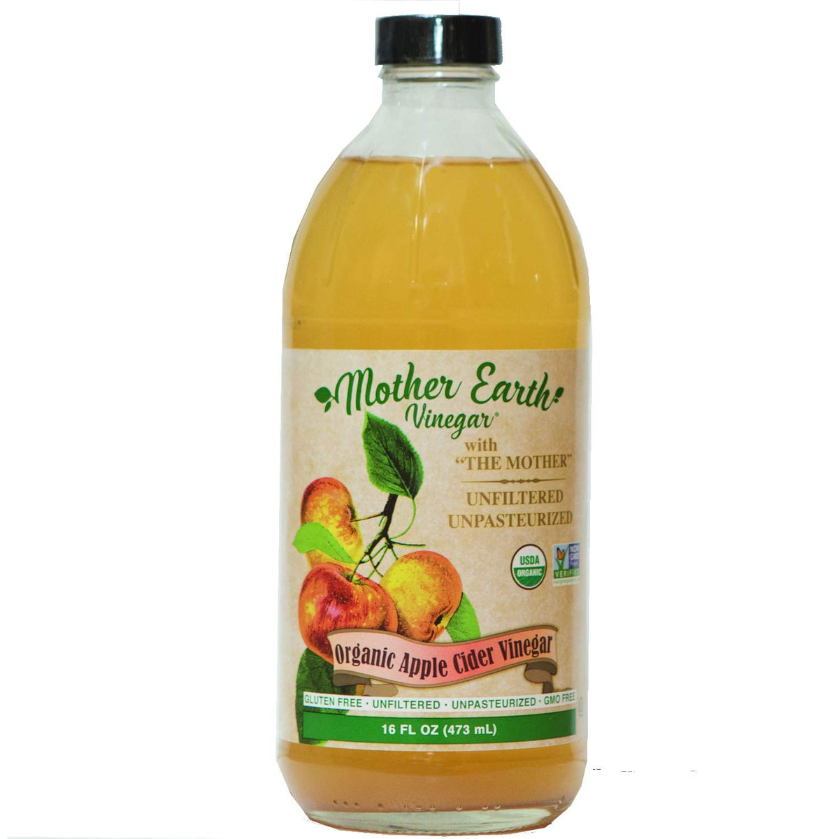 Mother Earth bottle front view showing organic ACV label and glass finish for quality