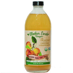Mother Earth bottle front view showing organic ACV label and glass finish for quality