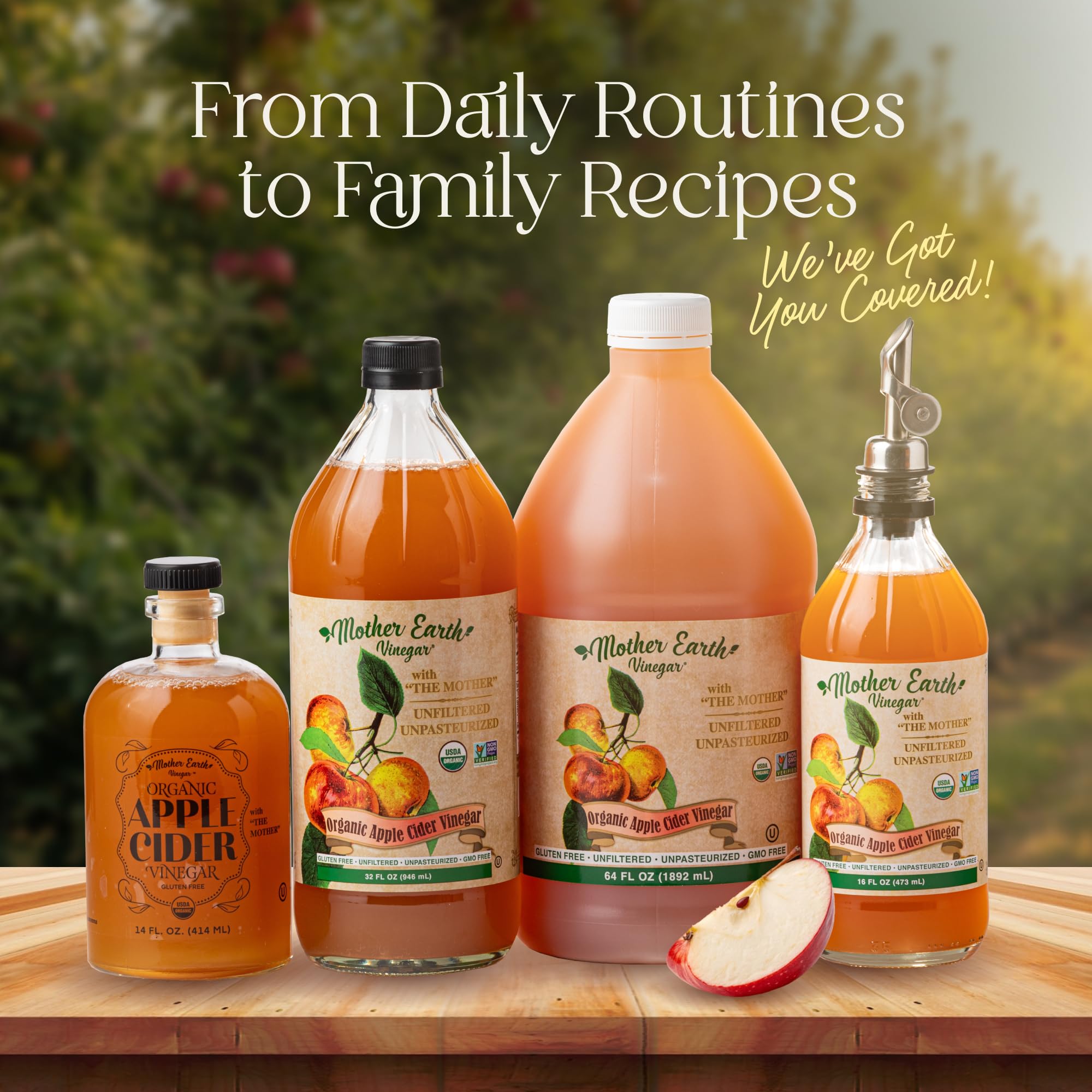 Bottle beside a bowl of vinaigrette showing Mother Earth ACV enhances salads