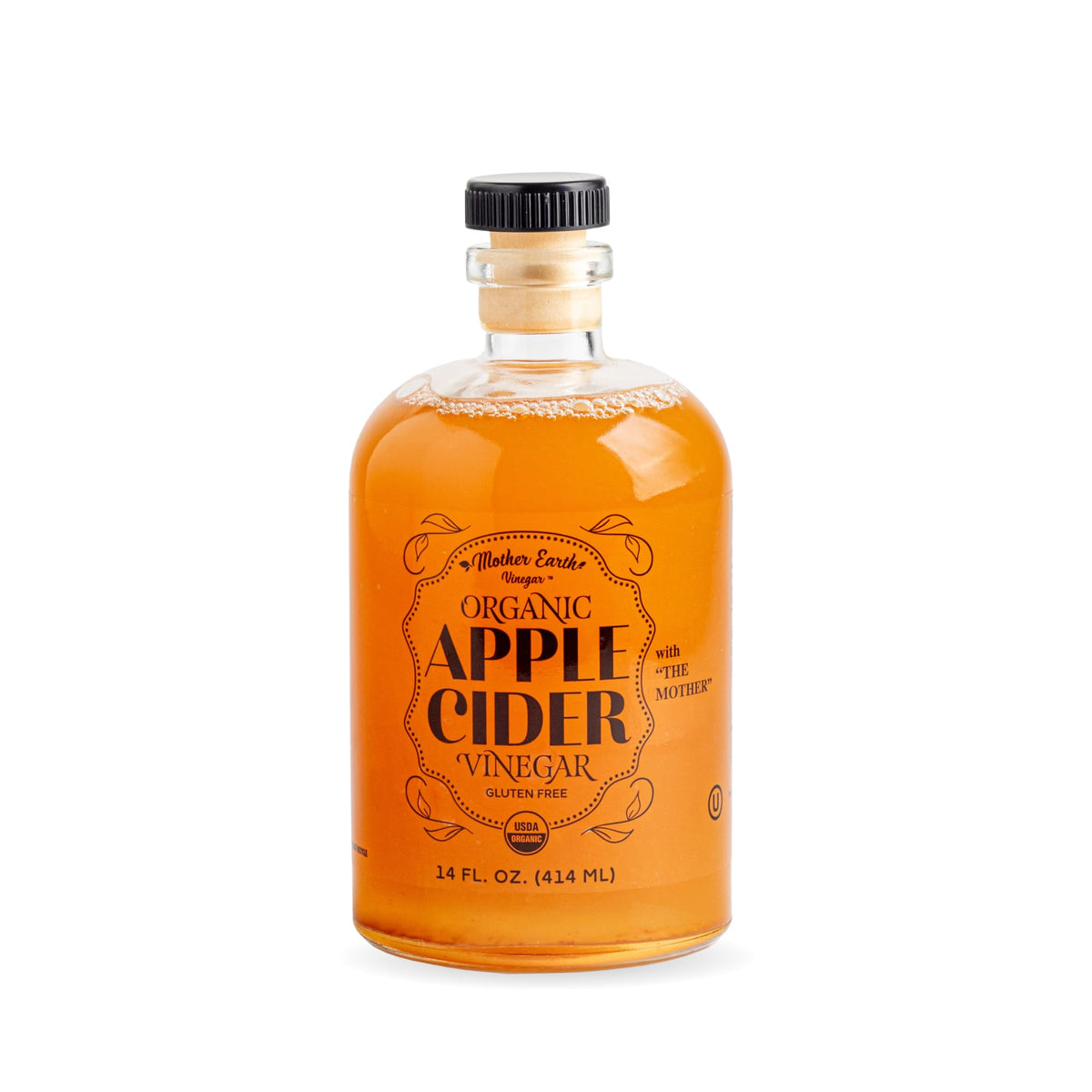 Mother Earth Vinegar apothecary bottle front view showing label and pour spout benefit: elegant storage
