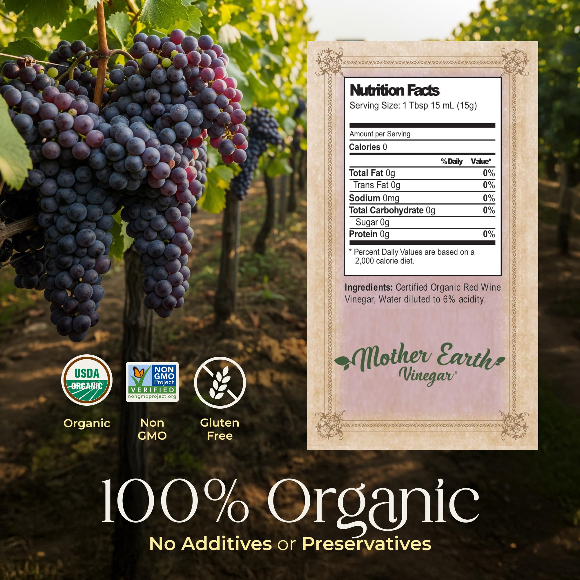 Mother Earth Vinegar label close-up highlighting organic certification and ingredient clarity
