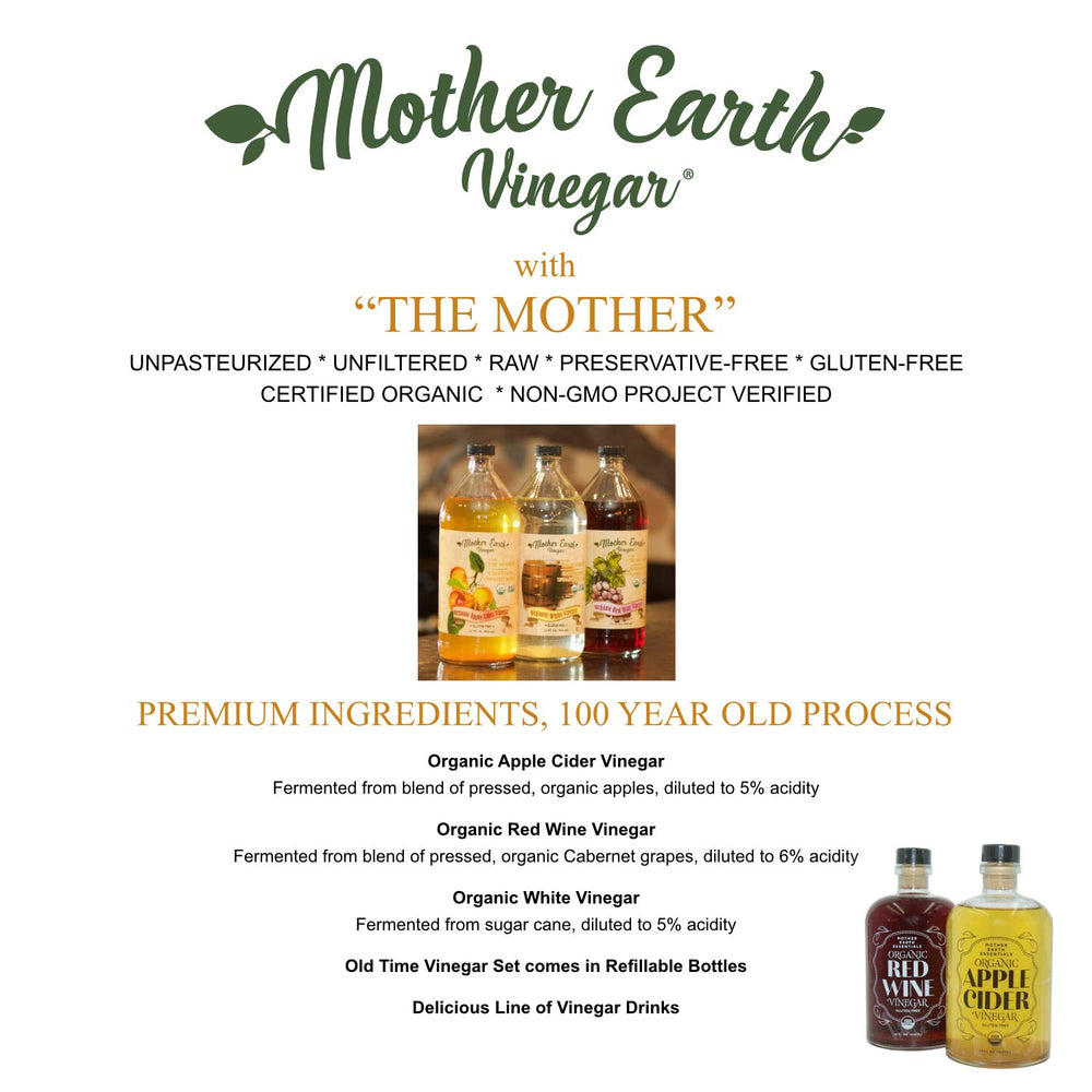 Mother Earth Vinegar on kitchen countertop near bowls showing stylish pantry display