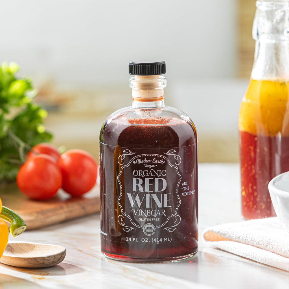 Mother Earth Vinegar staged on kitchen counter for aesthetic pantry display and convenience