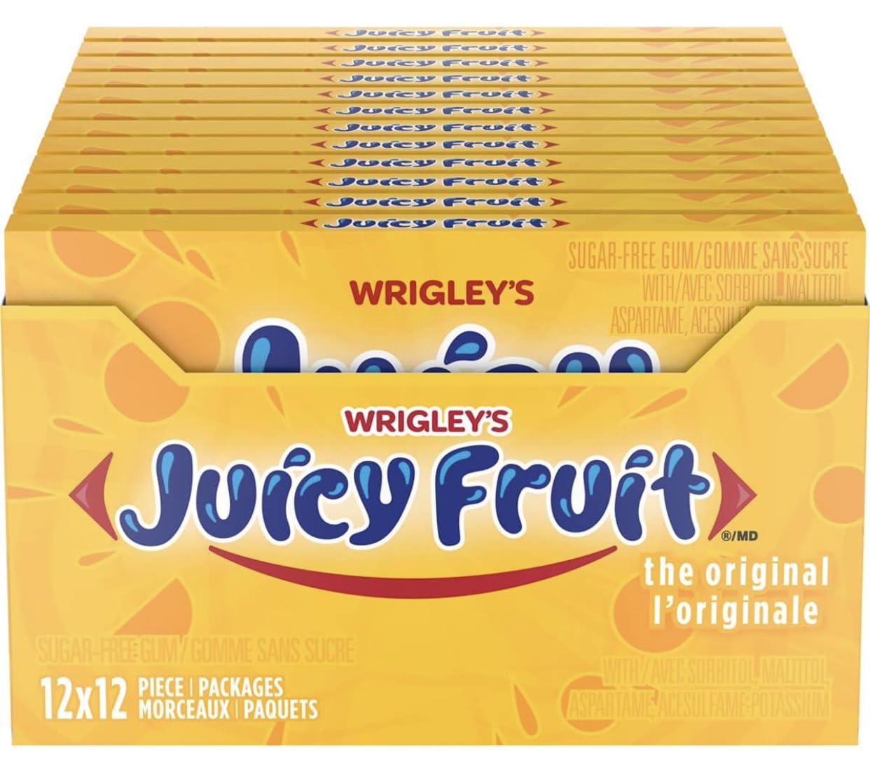 Moto Drippin Juicy Fruit front packaging showing box and 12 individual packs for convenience