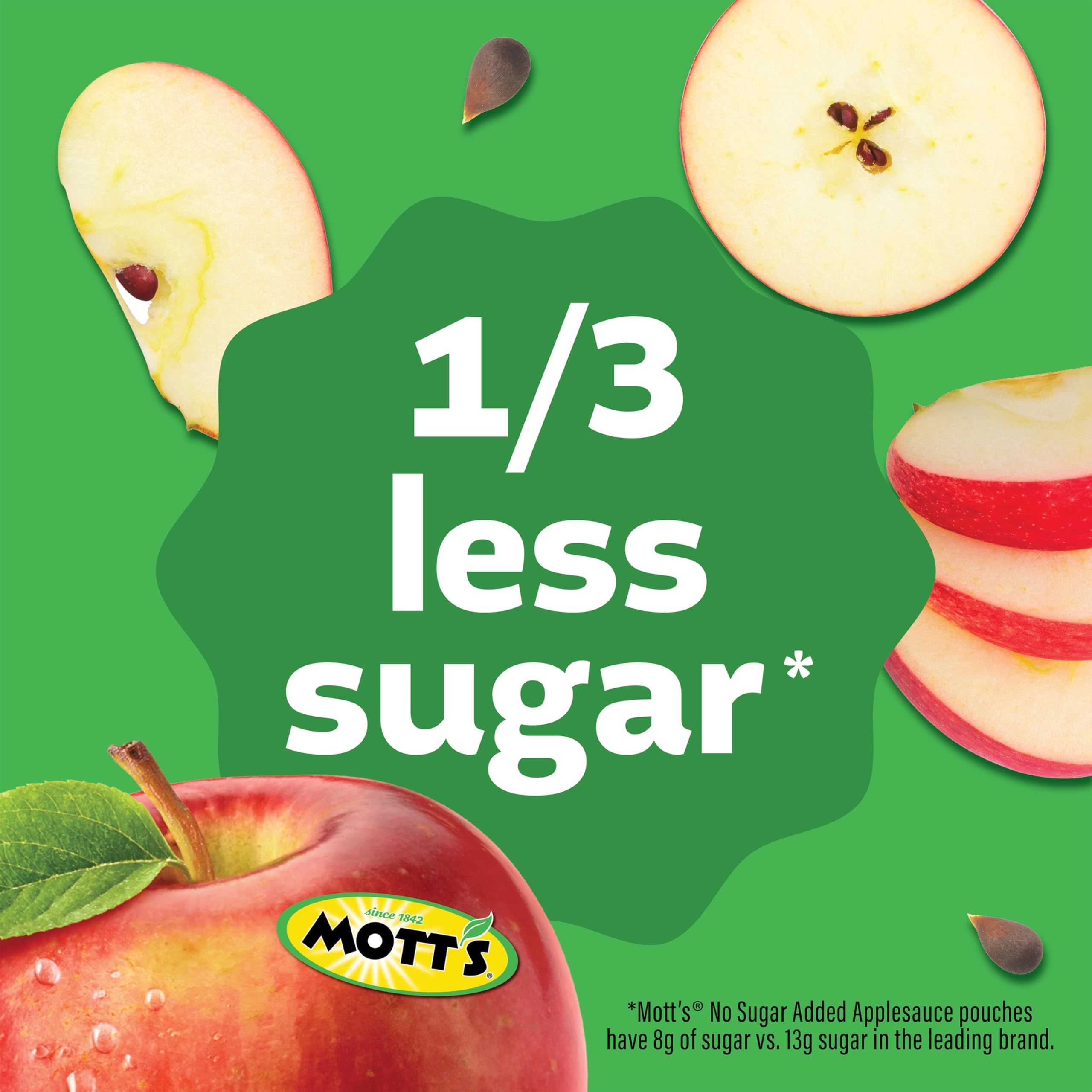 Mott's apple pouch label visible to confirm flavor and no added sugar benefit