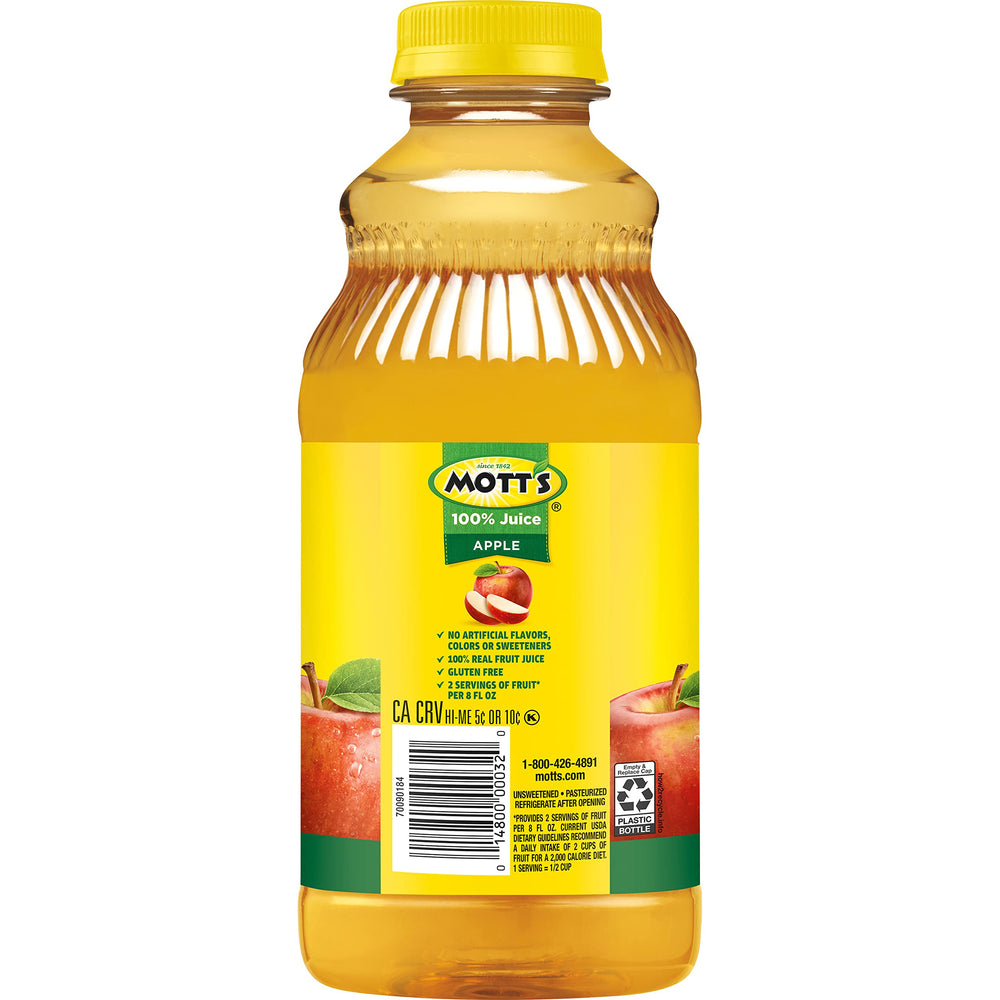 Mott's bottle beside an 8 oz cup to show serving size and scale