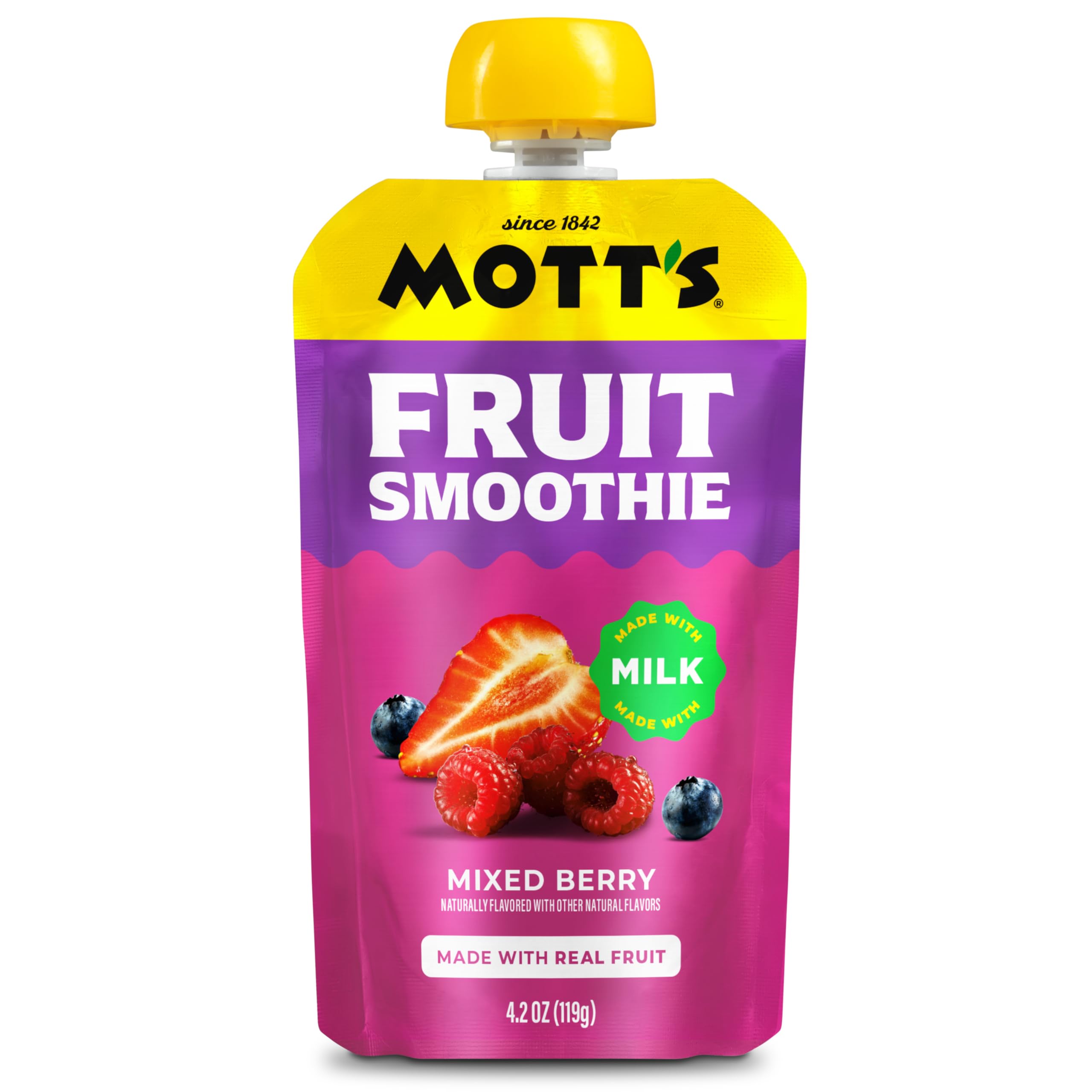Mott's pouch next to a hand and common items showing 4.2 oz portion size for meal planning
