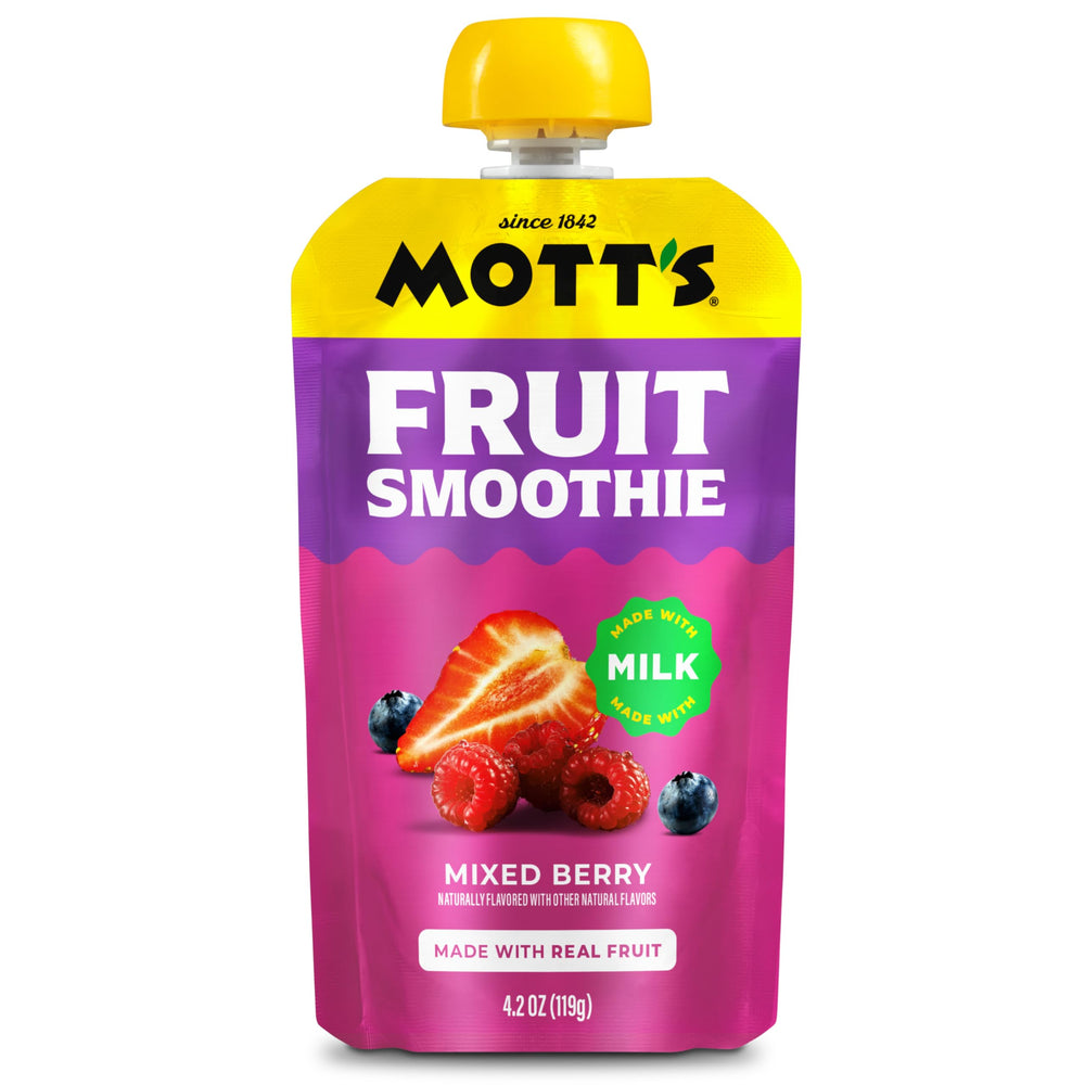 Mott's pouch next to a hand and common items showing 4.2 oz portion size for meal planning