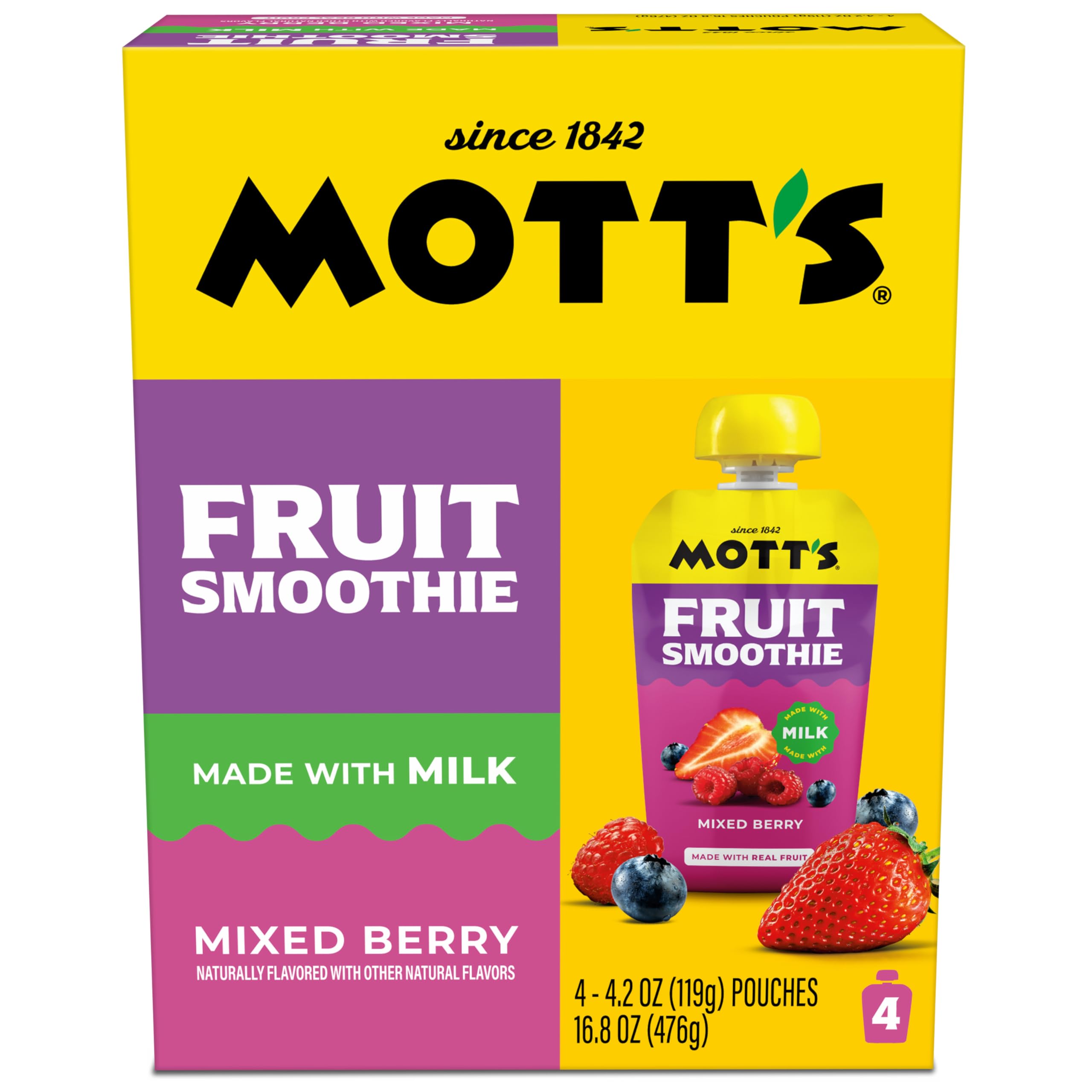 Creamy mixed berry smoothie pouring from a pouch demonstrating texture and appetizing consistency