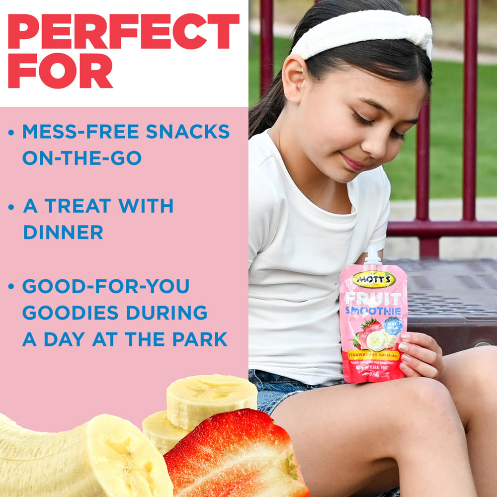 Mott’s fresh strawberries and bananas staged to show real fruit ingredients benefit