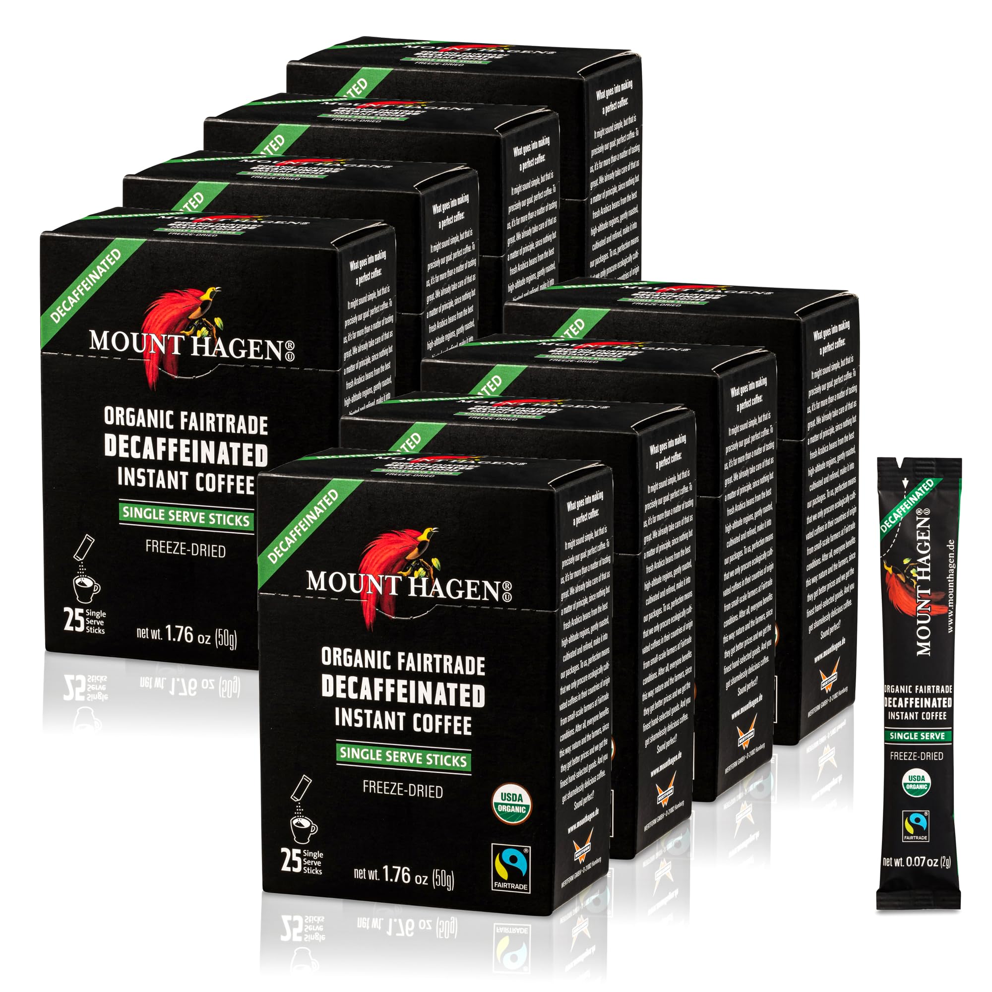 Mount Hagen front packaging showing organic decaf sticks and branding, convenient travel benefit