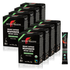 Mount Hagen front packaging showing organic decaf sticks and branding, convenient travel benefit