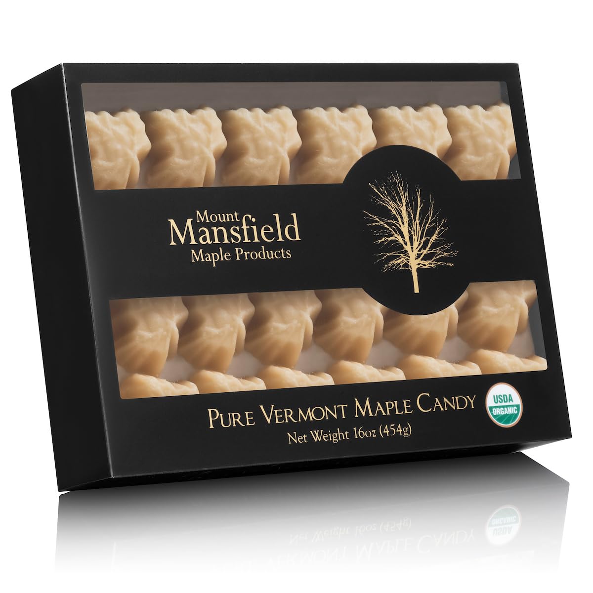 Mount Mansfield Maple front box showing organic one-pound packaging and maple leaves — authentic Vermont gift