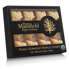Mount Mansfield Maple front box showing organic quarter-pound candy and branding benefits