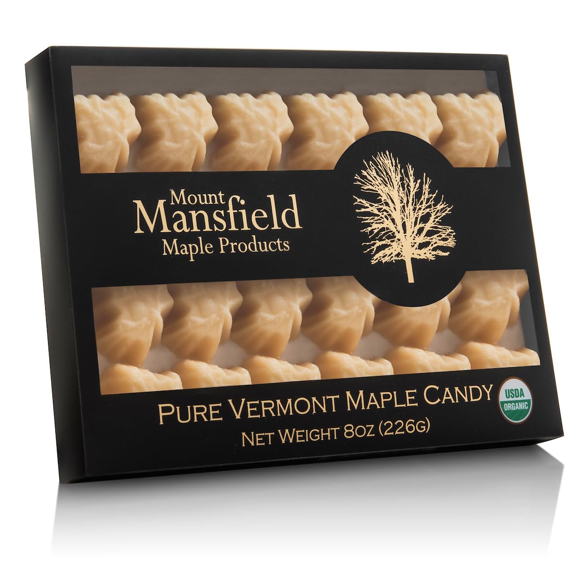 Mount Mansfield Maple half‑pound box front view showing packaging and label benefits