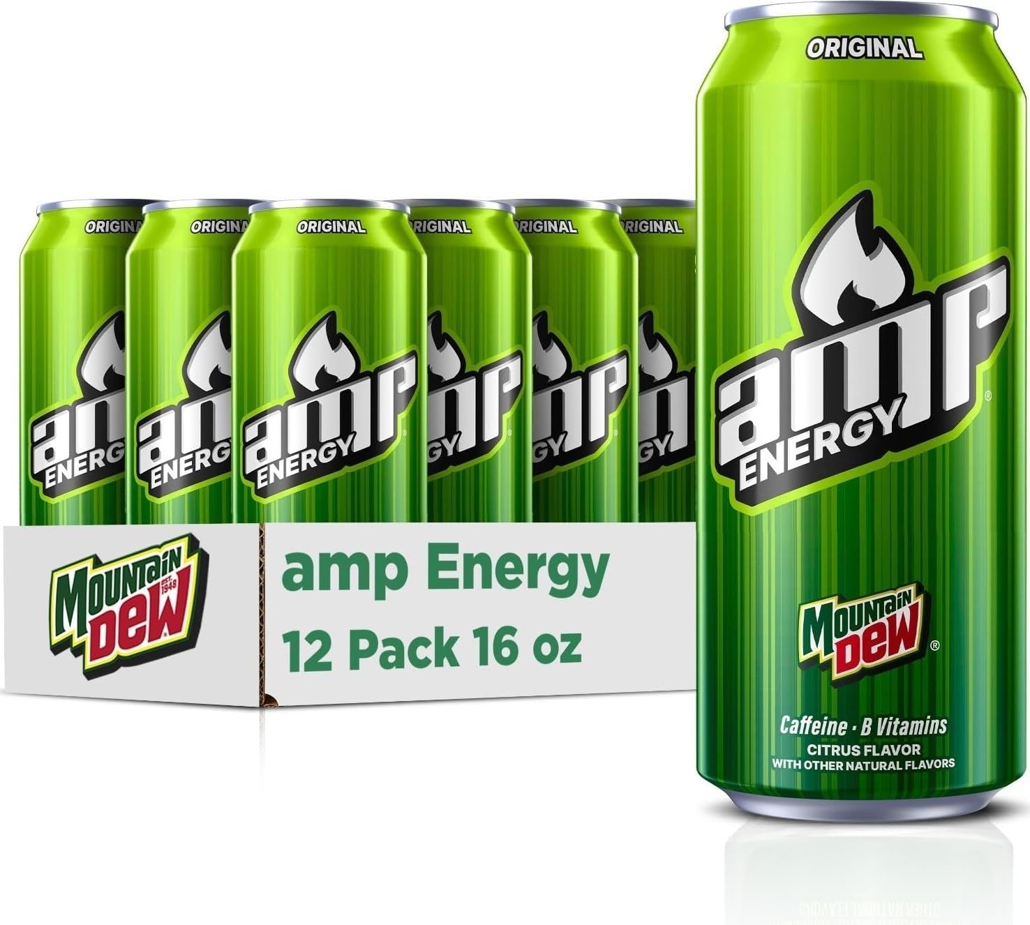 Mountain Dew AMP front packaging showing 12-pack and bold branding for quick grab