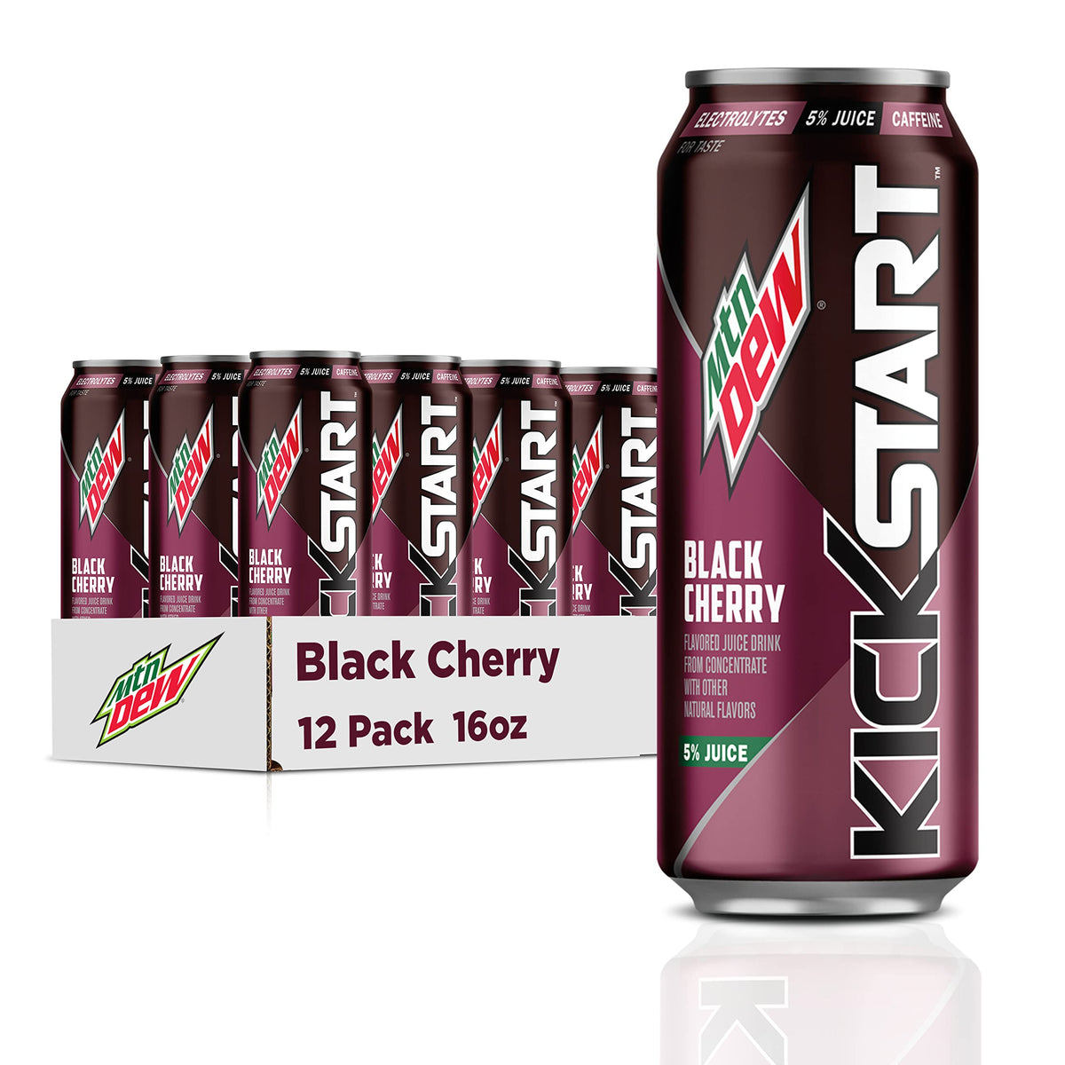 Mountain Dew Kickstart front packaging showing 12 cans and bold branding benefit: easy grab-and-go
