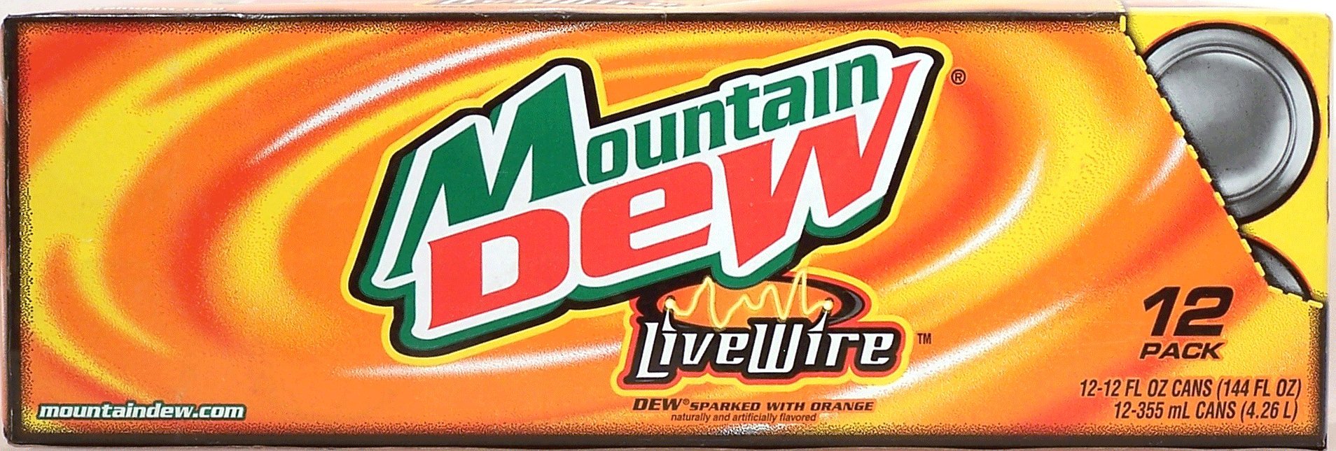 Mountain Dew Live Wire fridge pack front view showing bright orange cans and easy storage