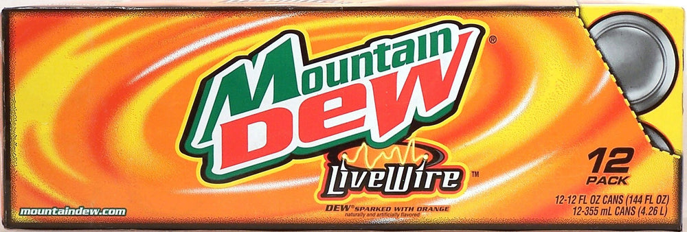 Mountain Dew Live Wire fridge pack front view showing bright orange cans and easy storage