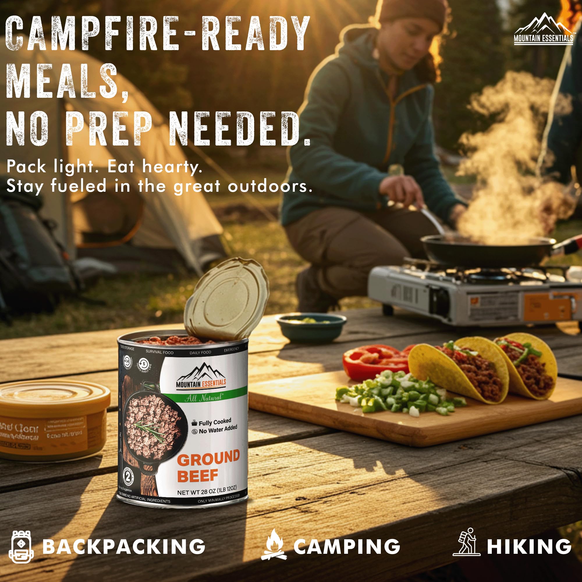 MOUNTAIN ESSENTIALS can beside utensil showing 28 oz scale and storage benefit
