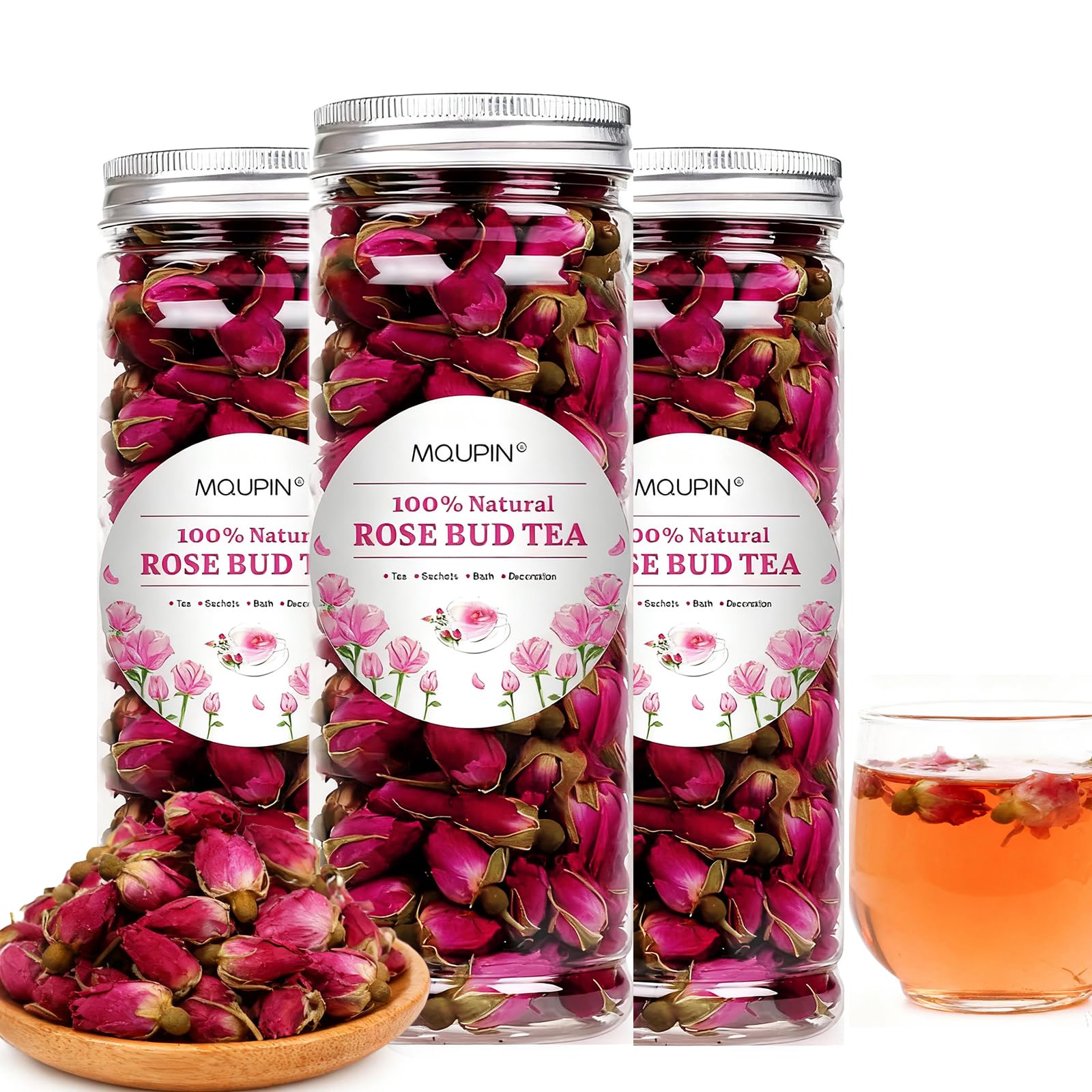 MQUPIN front packaging showing three food-grade rosebud packs and product clarity