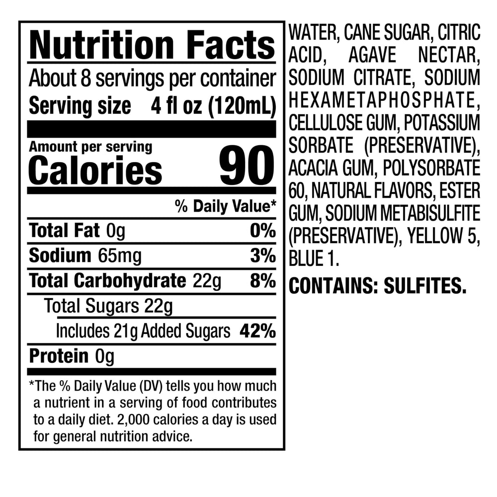 Ingredient and nutrition panel on Mr & Mrs T bottle, displaying product transparency