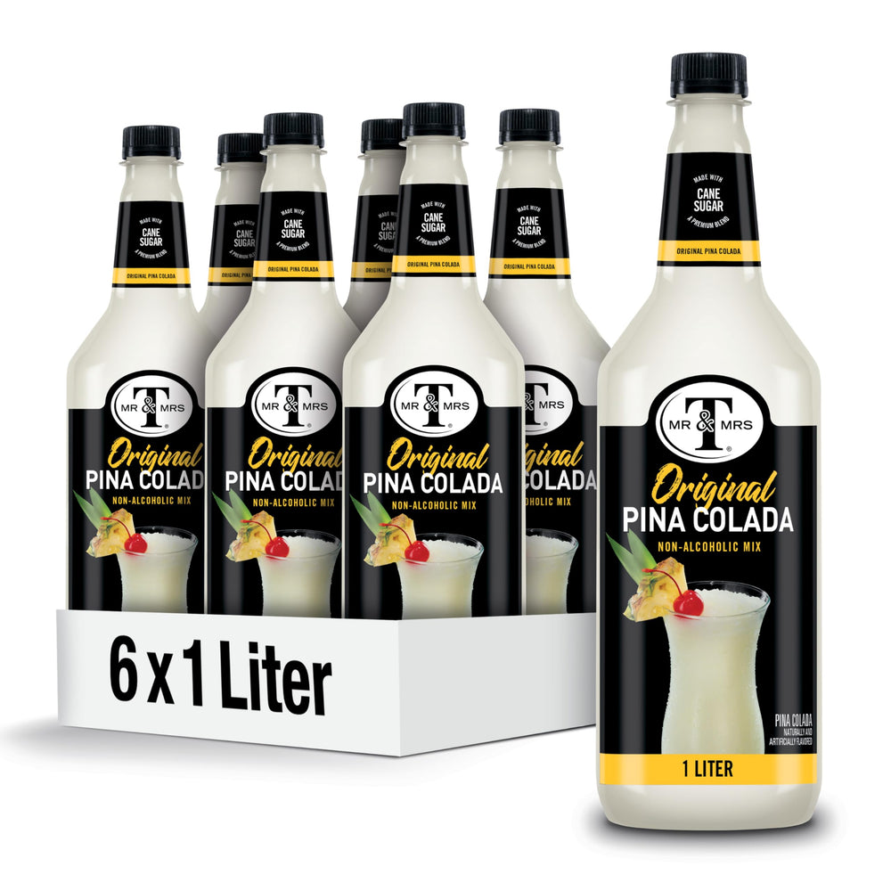 Mr & Mrs T front label showing 1L piña colada mix, clear branding and flavor