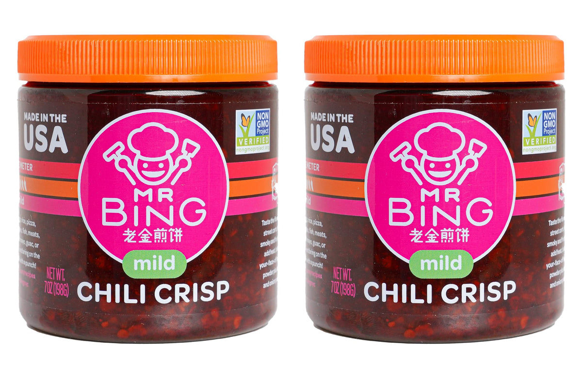Mr Bing front packaging showing jar and vibrant chili crisp for quick recognition and appeal