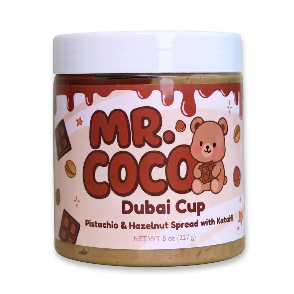 Mr Coco jar front view showing Hazelnut label and premium packaging benefit