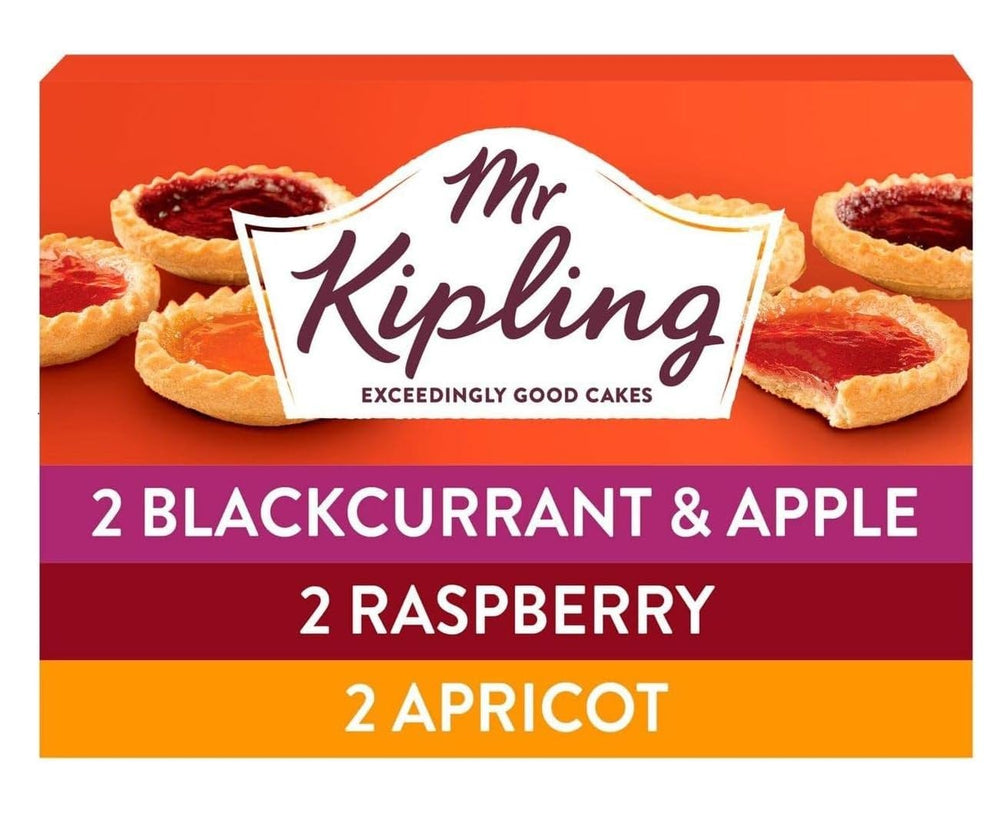 Mr Kipling pack front view showing six jam tarts and branding, perfect for snack planning