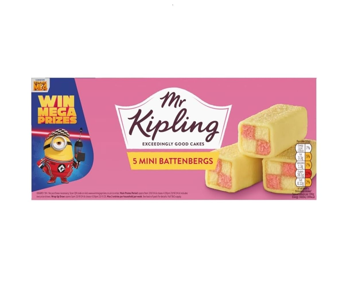 Mr Kipling pack front showing five mini Battenbergs and classic packaging for easy serving