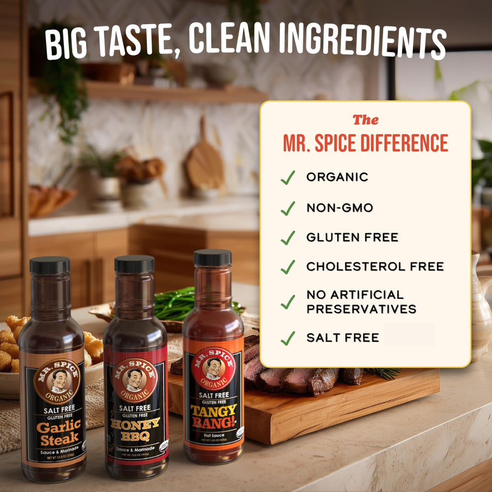 Mr. Spice bottle label with organic claims, clear ingredient transparency benefit