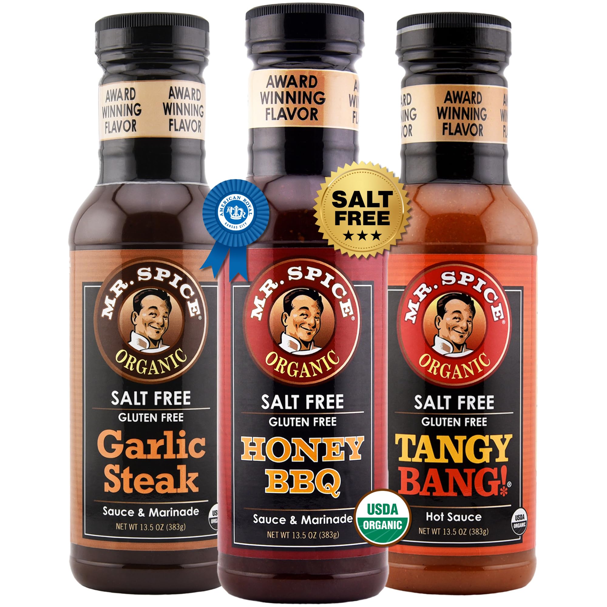 Mr. Spice front packaging showing three bottles, convenient variety and low sodium benefit