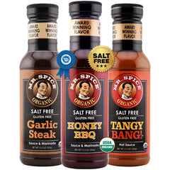 Mr. Spice front packaging showing three bottles, convenient variety and low sodium benefit
