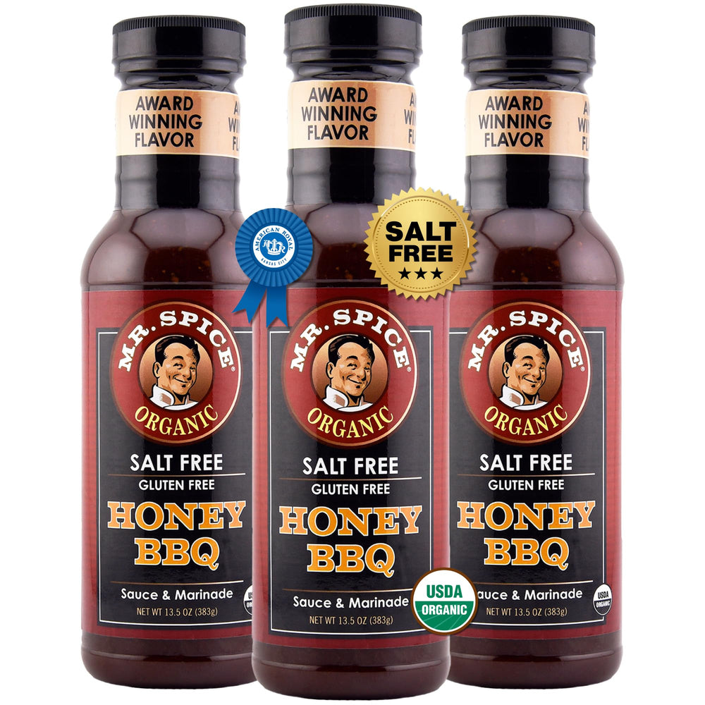 Mr. Spice front packaging showing three organic salt free bottles and pantry convenience