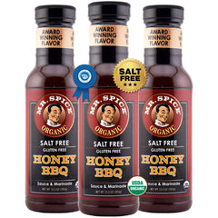 Mr. Spice front packaging showing three organic salt free bottles and pantry convenience