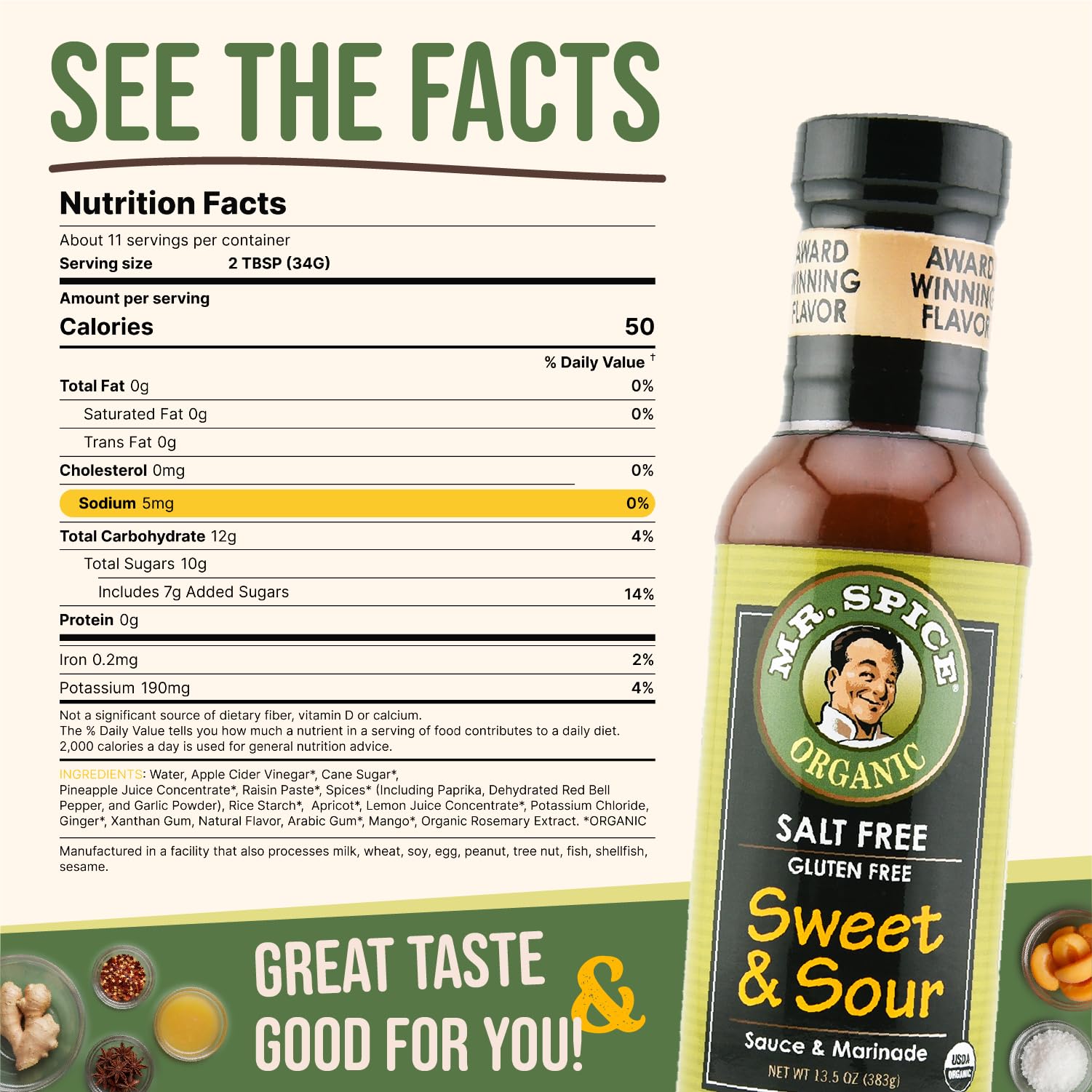 Mr. Spice sauce pouring from bottle over chicken, showcasing low sodium glaze
