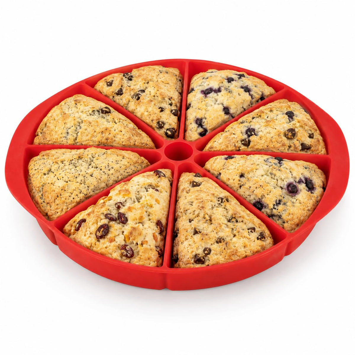 Mrs. Anderson's Baking front view of 8-cup scone pan showing stable shape and benefit of even baking