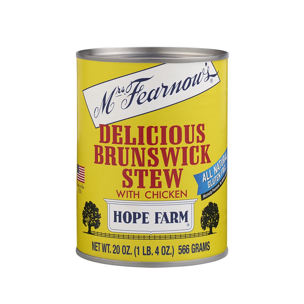 Mrs. Fearnow's front of can showing label and serving suggestion, clear pantry-friendly branding