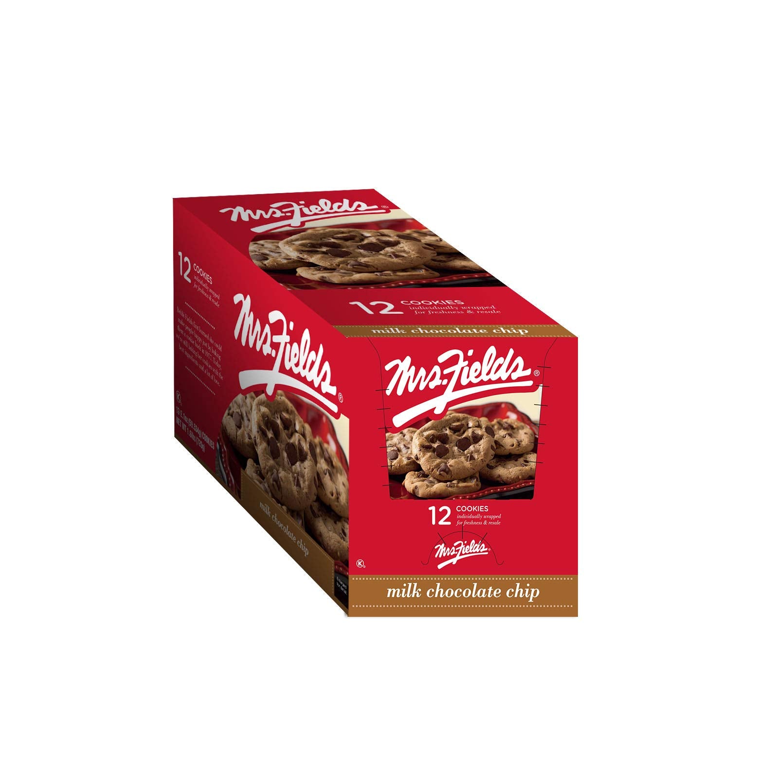 Mrs. Fields front packaging showing 12-count box and grab-and-go convenience